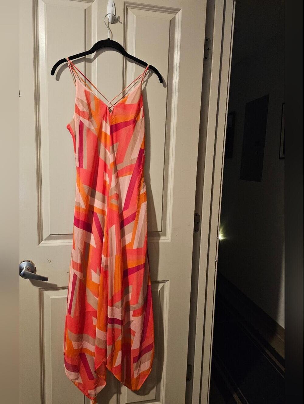 Calvin Klein V-Neck Strappy Geometric Maxi Dress in Coral, Pink & Orange